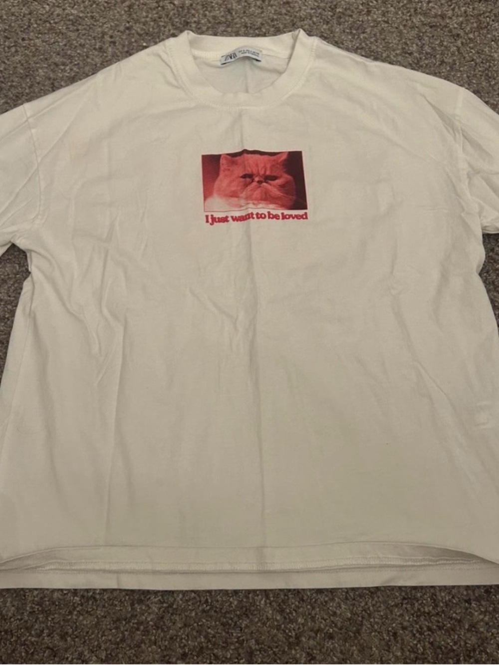 White Graphic Tee with Red Cat Photo -